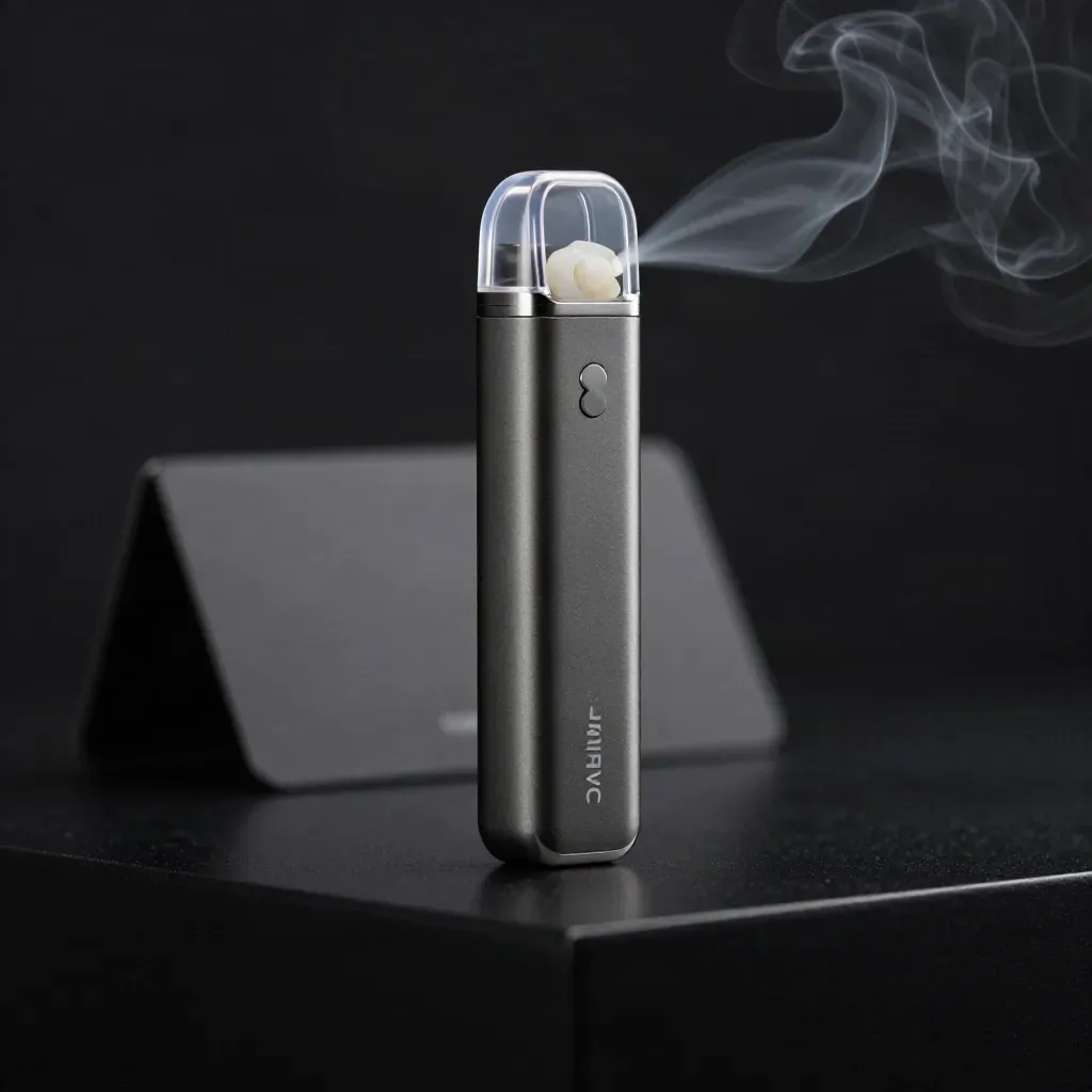 Side-view disposable mint vape pen with vapor curl on black plinth and stone chip