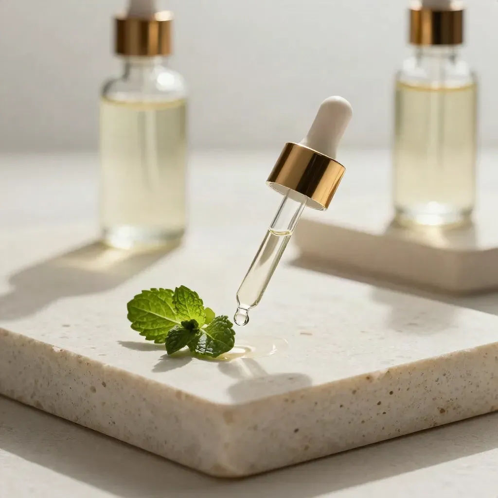 Mint tincture bottle with dropper, leaf, and gold accent on pale stone.
