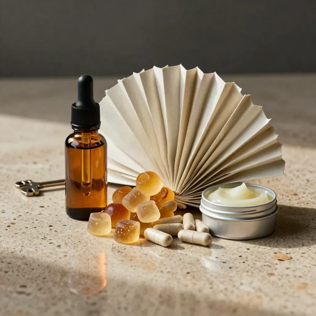 Macro CBD bundle cluster of oils, gummies, capsules, and topical on warm travertine with dramatic haze.