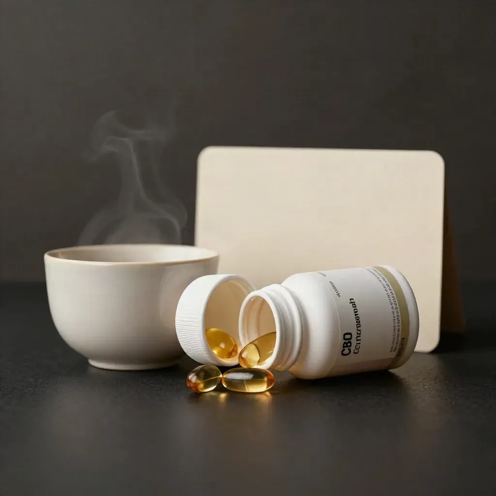 Two CBD softgels bottles, capsules spilling beside a cream cup in dramatic studio light.