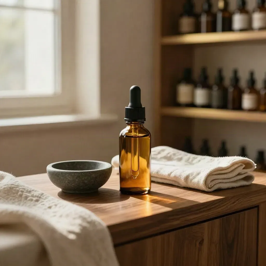 CBD oil bottle with dropper beside a stone bowl and linen on a walnut shelf.