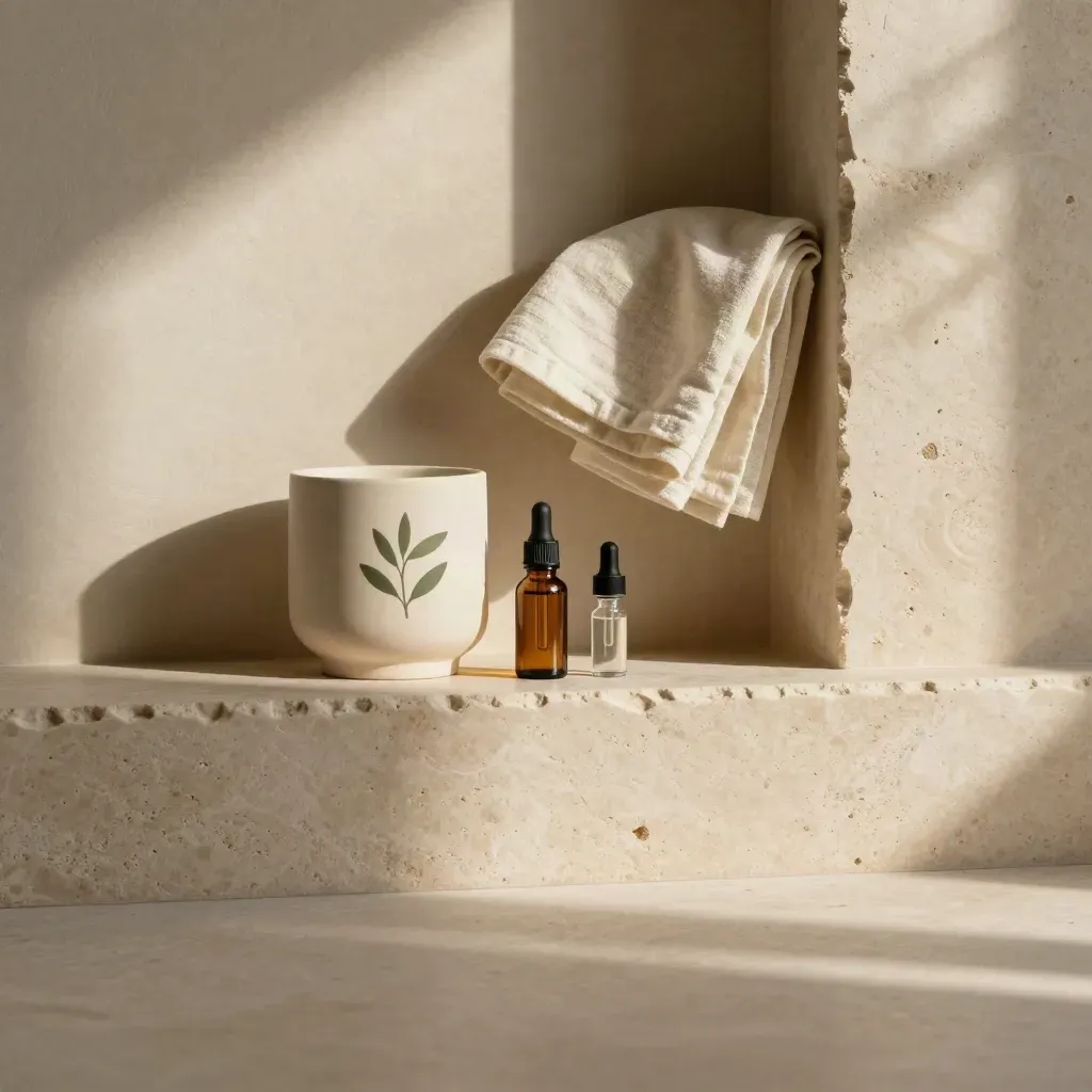 Sunlit travertine niche with olive branch, ceramic planter, and CBD tincture bottle