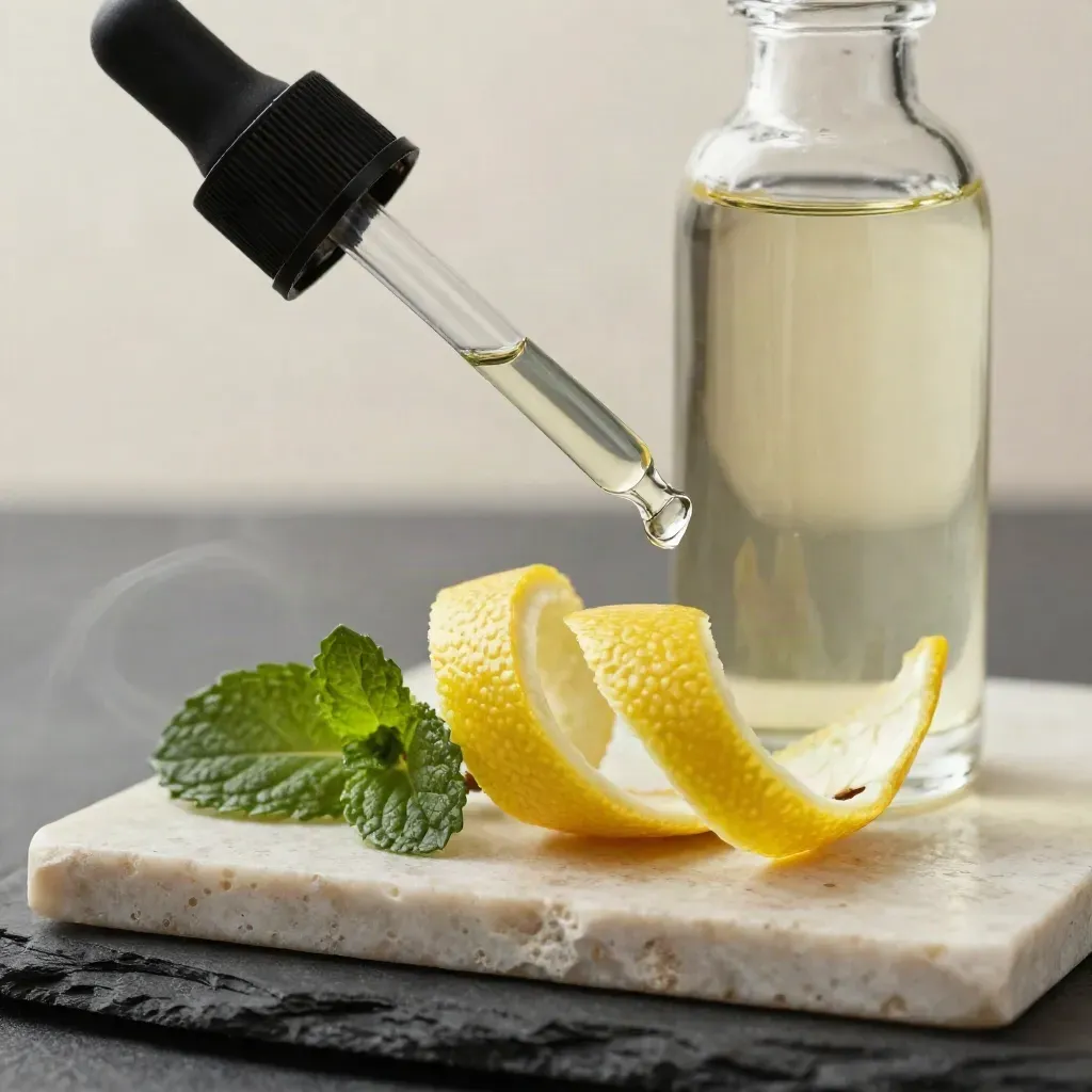 Macro of an unlabeled lemon mint tincture bottle with dropper, citrus curl, mint leaf, and vapor.
