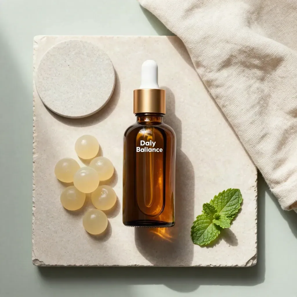 Overhead flatlay of CBD oil, gummies, stone coaster, folded cloth and mint leaf on pale stone.