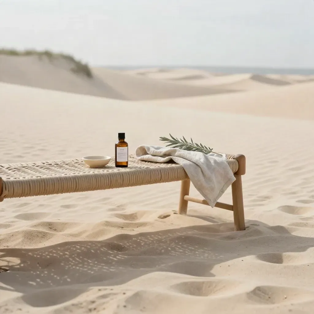 Dune terrace with woven bench, amber capsule bottle, and calm pale sand under a hazy horizon