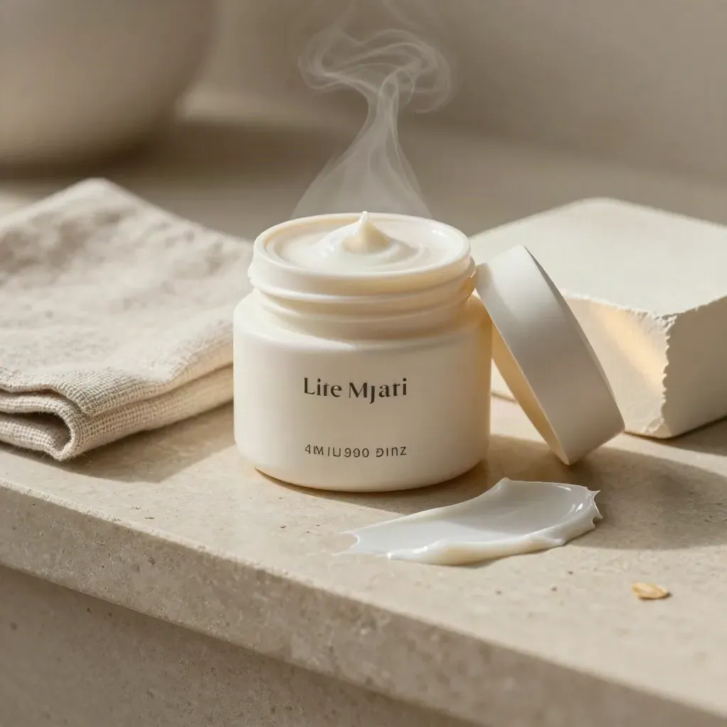 Recovery cream jar with cream swipe, linen pad, and plaster block in warm bedside light.