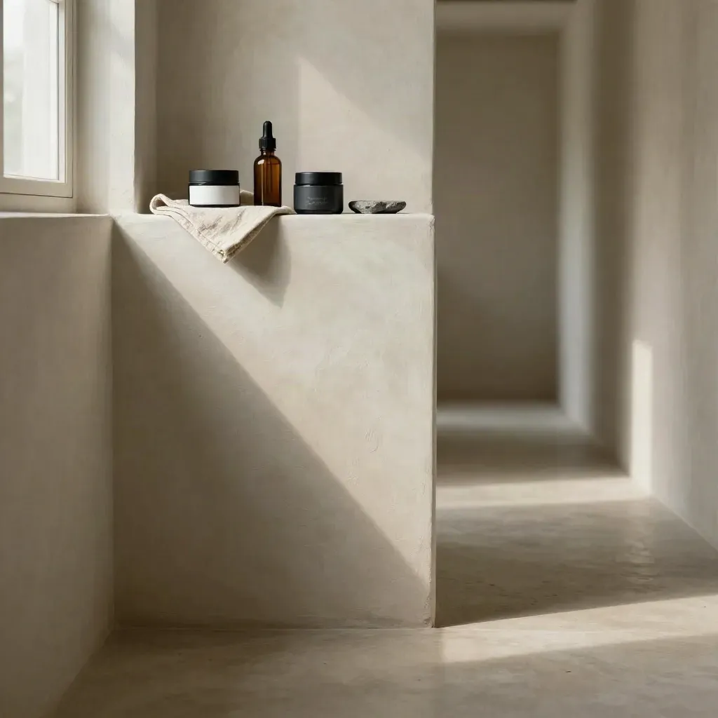 Plaster hallway with CBD topical products, sunlit shadow line, calm copy space.