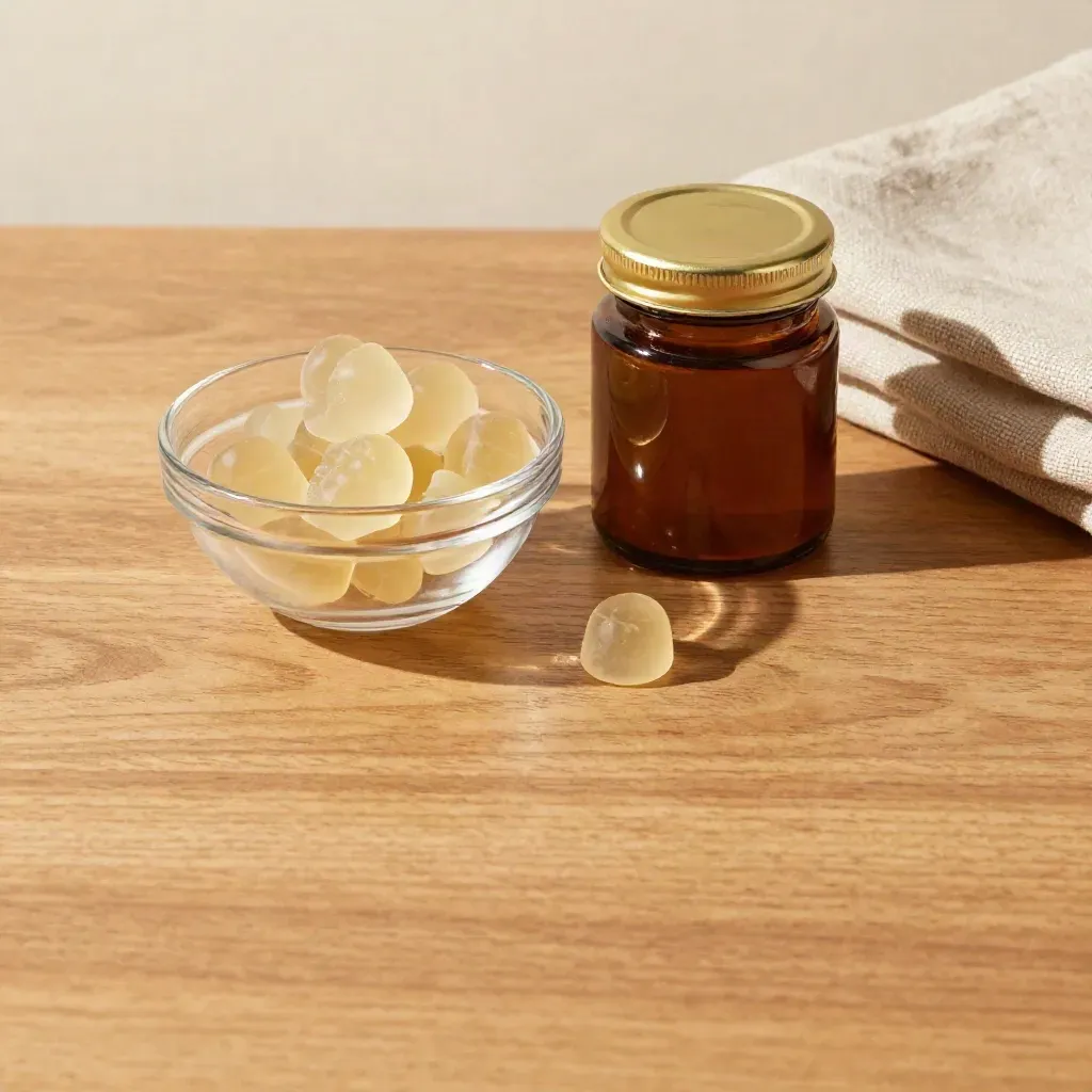 Honeyed oak counter with CBD gummies bowl, linen edge, and soft gold light.