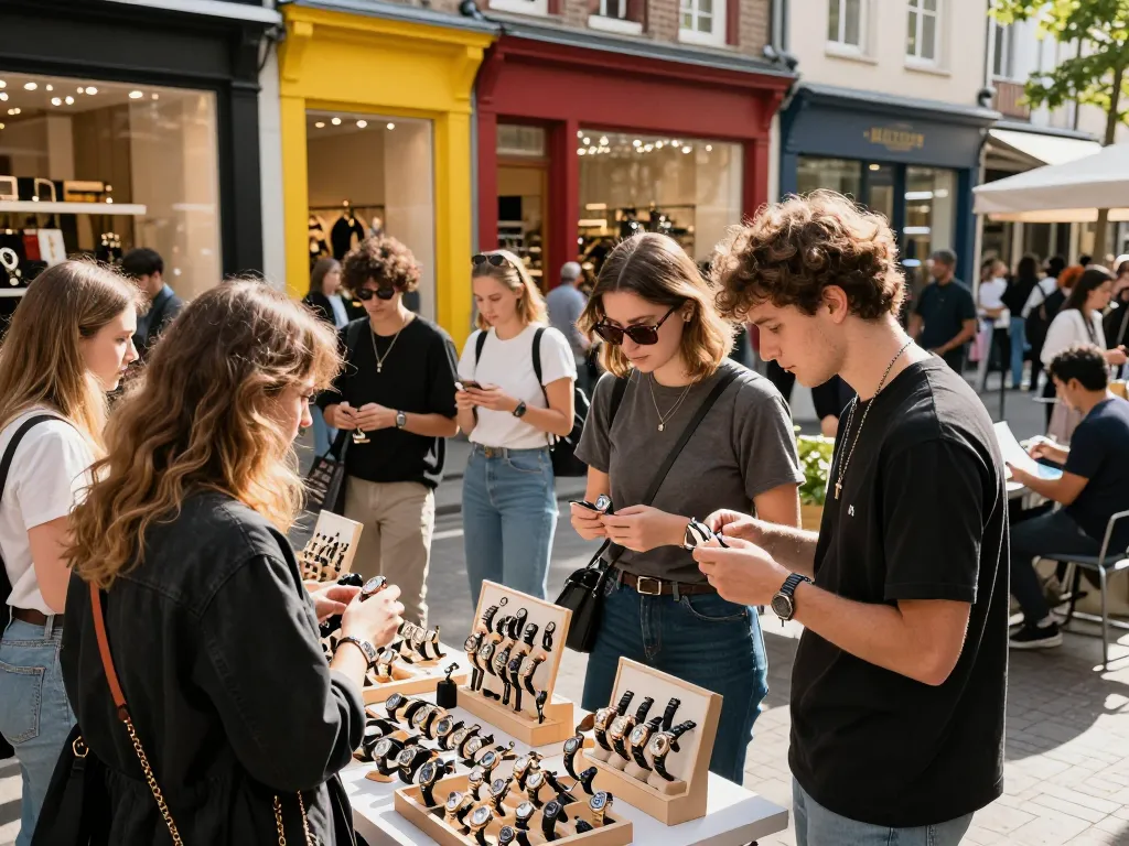 Engaging shopping scene showcasing luxury 시계 레플리카 in vibrant street market.