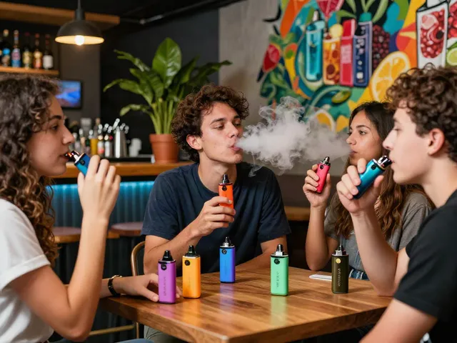 Friends enjoying Hitz infinity Gen 7 disposable vapes together in a lively lounge.