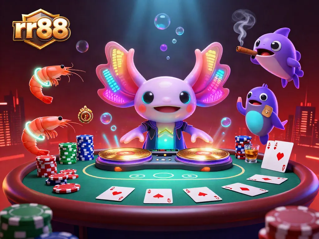 Play at rr88 with vibrant underwater casino elements featuring a neon axolotl DJ and exciting games.