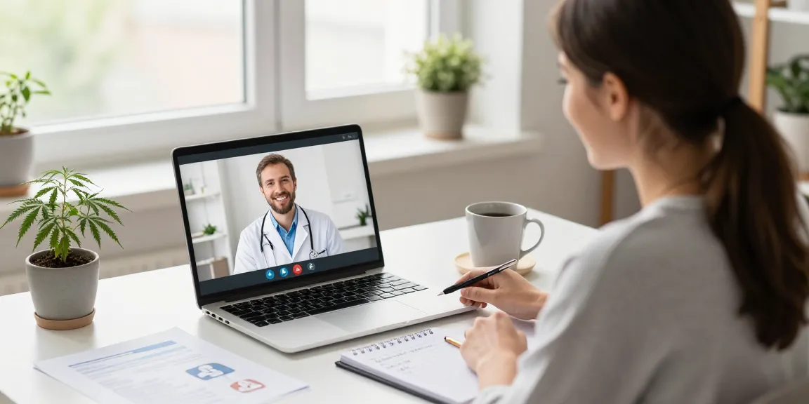 Online medical card consultation scene with a friendly doctor on screen, home office setup featuring cannabis plant and medical forms.