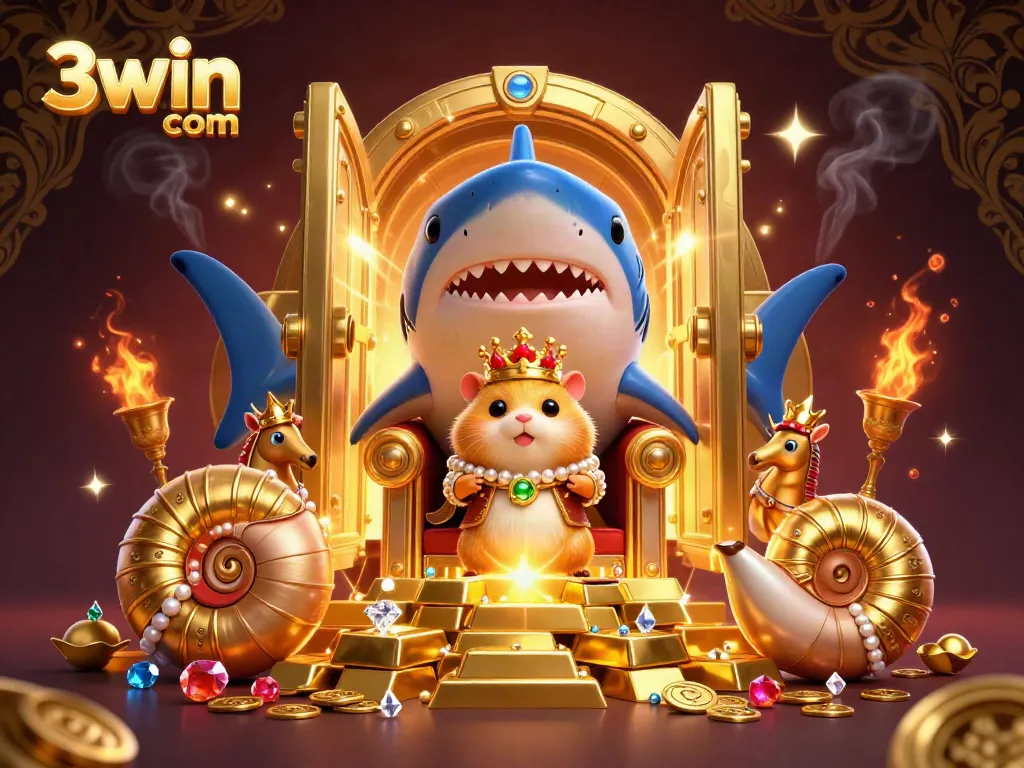 Experience rich casino excitement with 3win com illustrated in a vibrant 3D scene featuring a golden hamster king and treasures.