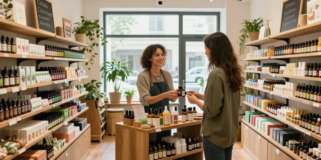 CBD shop Euskirchen featuring shelves of products and a friendly interaction.