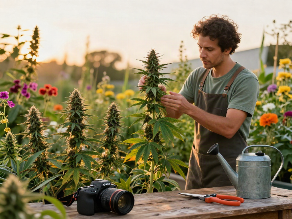 Gardener inspecting CBD-rich cannabis genetics in vibrant garden at golden hour.