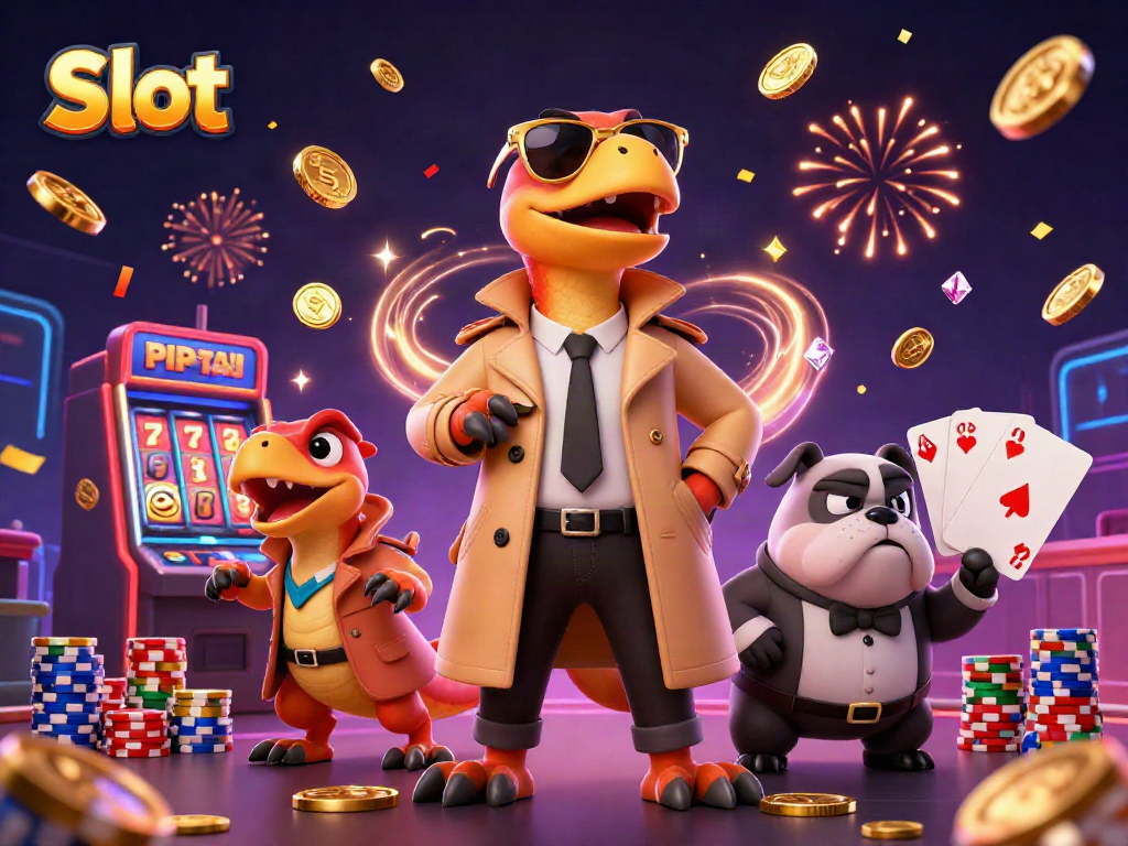 Spin the slots with excitement in this dynamic casino scene featuring vibrant raptors!