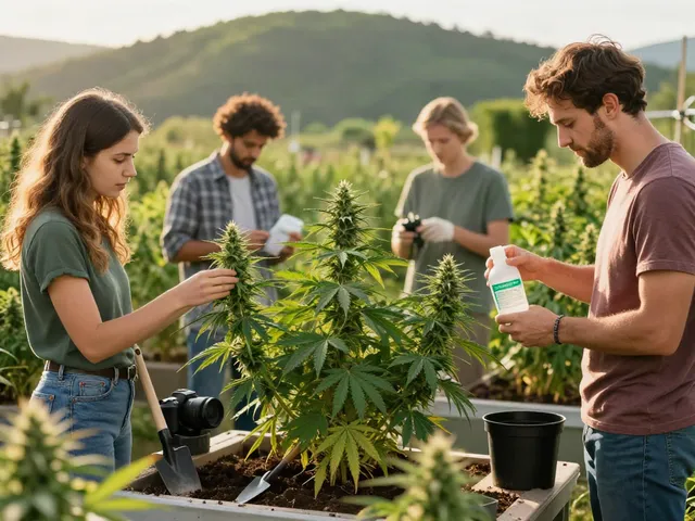 Feminised cannabis genetics nurtured in a vibrant outdoor garden with diverse growers.