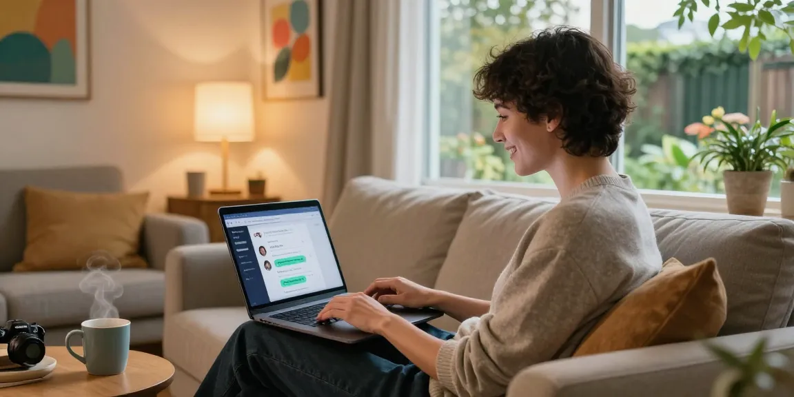 Person enjoying Crushon AI chat in a cozy living room with a laptop and warm atmosphere.