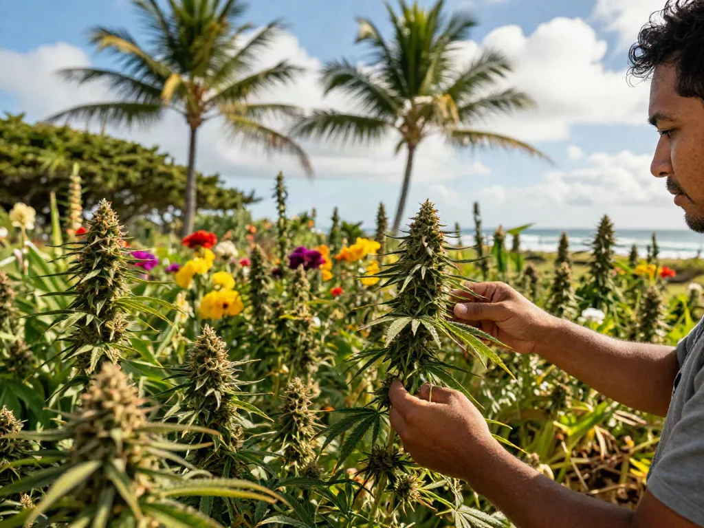 Maui Wowie strain cannabis plants thriving in a tropical garden with vivid colors under the Hawaiian sun.
