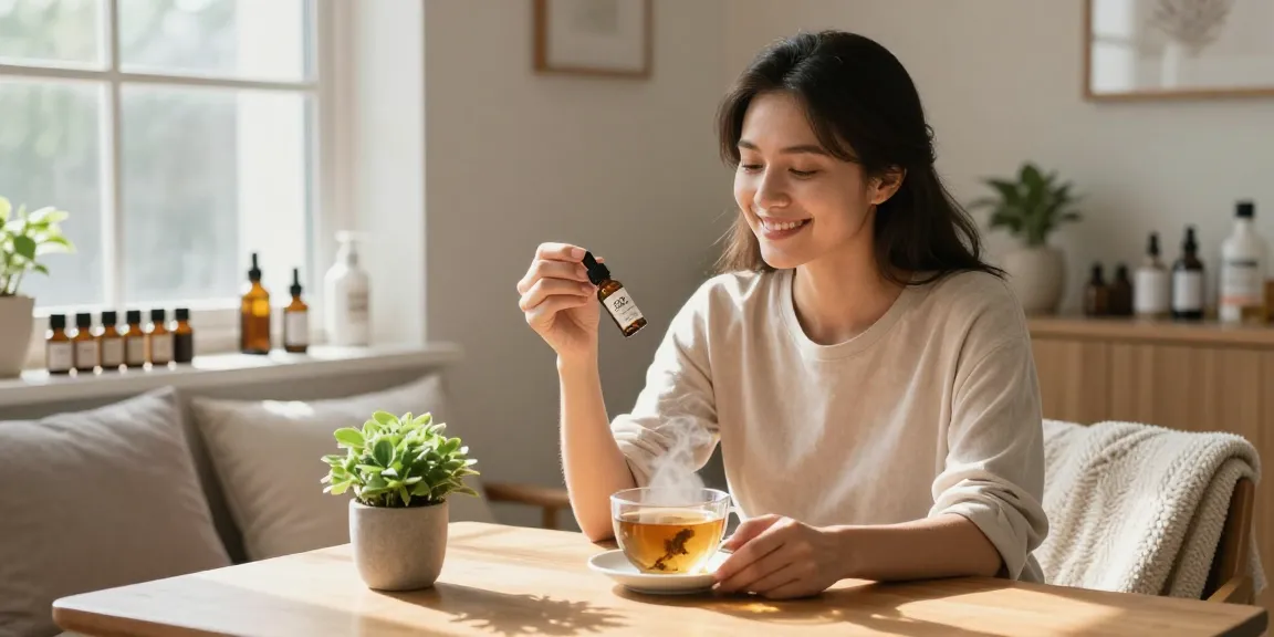 Buy CBD Canada - Woman enjoying organic CBD oil in a cozy home setting with wellness products.