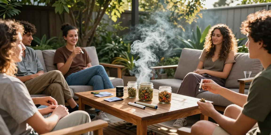 A group of friends enjoying an outdoor smoking session with thc shake in a cozy patio setting.