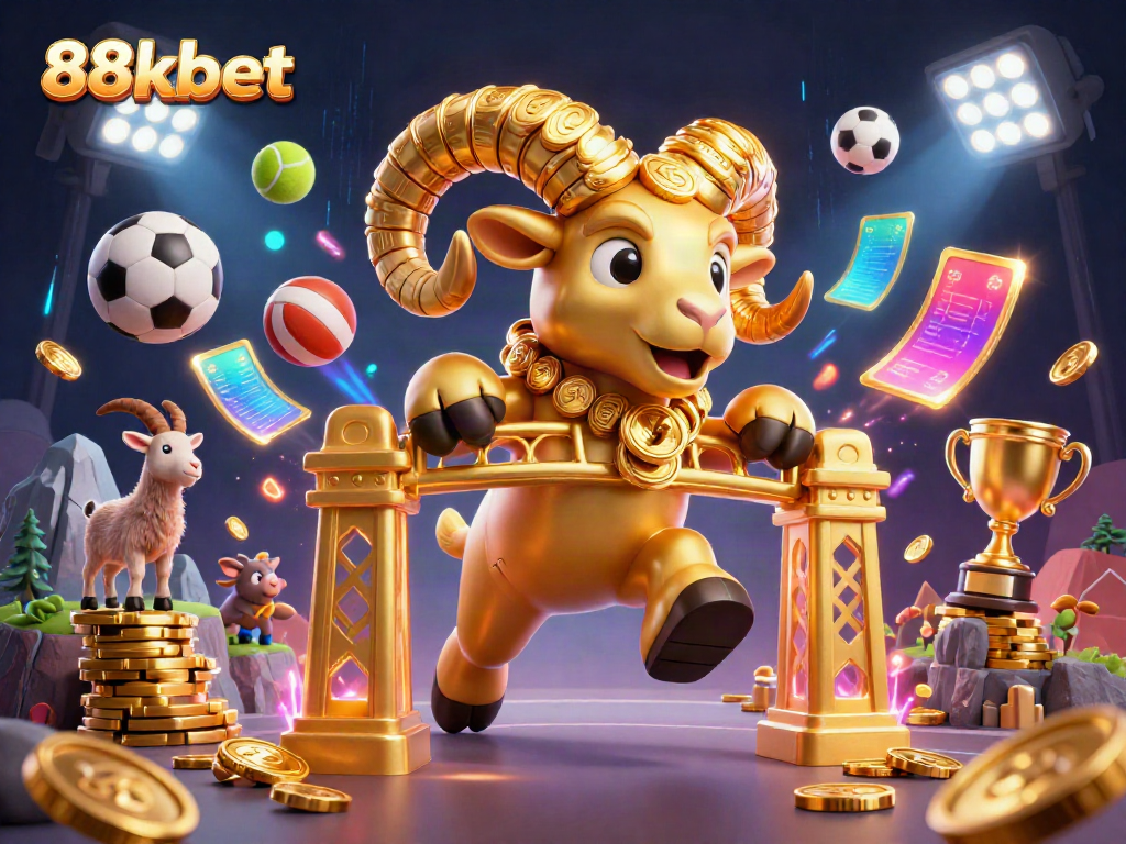 Experience betting action with 88kbet featuring dynamic sports balls and a golden ram illustration.