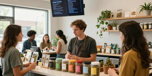 Engaging scene at a cannabis dispensary showcasing imported hash products with knowledgeable staff assisting customers.