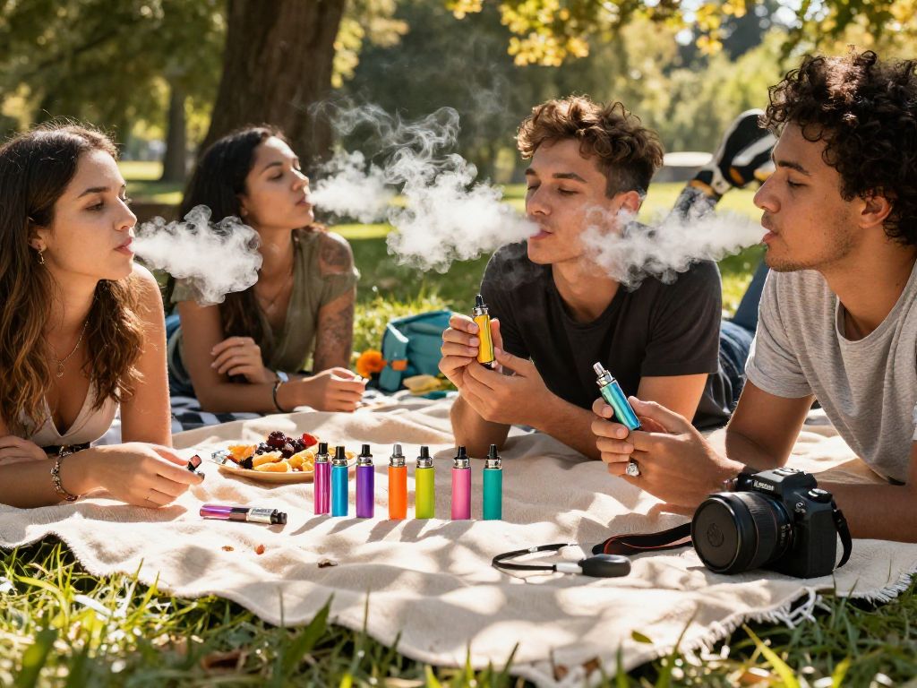 Group enjoying Jungle Boys vape devices in a sunlit park, emphasizing natural wellness and community.