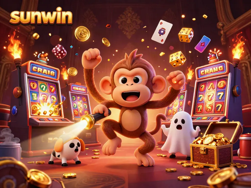 Experience the excitement of sunwin with a lively casino scene featuring a playful monkey and a ghost-hunter puppy.