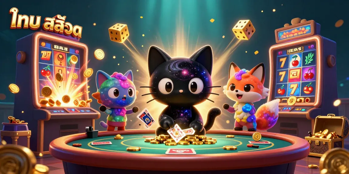Engage with ไทย สล็อต at a vibrant cosmic casino featuring playful characters, golden chips, and dynamic slot machines.