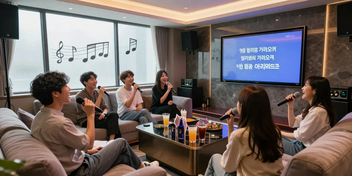 Enjoying a fun night at 강남 엘리트 가라오케, friends singing together in a vibrant private karaoke room.
