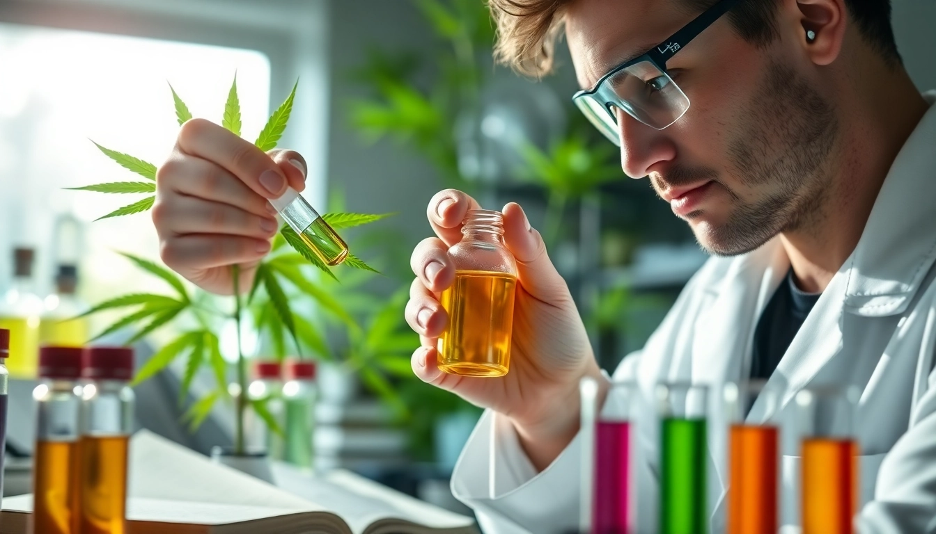Scientist examines CBD oil in a lab, showcasing clarity and innovation.