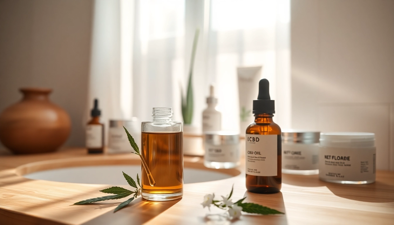 Highlighting CBD oil for skin, a luxurious glass bottle with a dropper placed amid skincare products.
