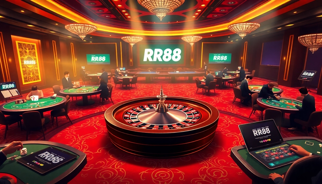 Experience the thrill of RR88 at the luxurious casino with vibrant gaming tables and roulette.
