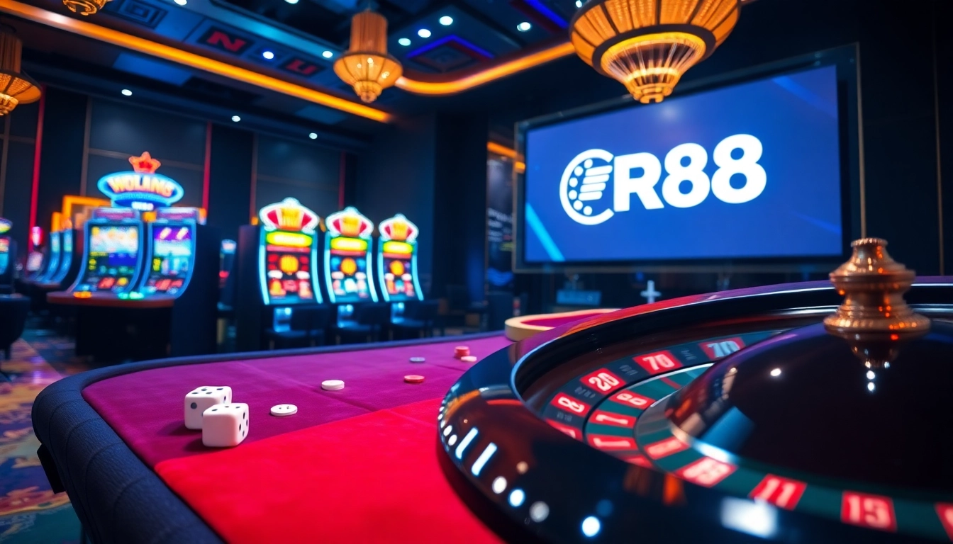 Experience thrilling gameplay at RR88 casino with vibrant slot machines and a spinning roulette wheel.