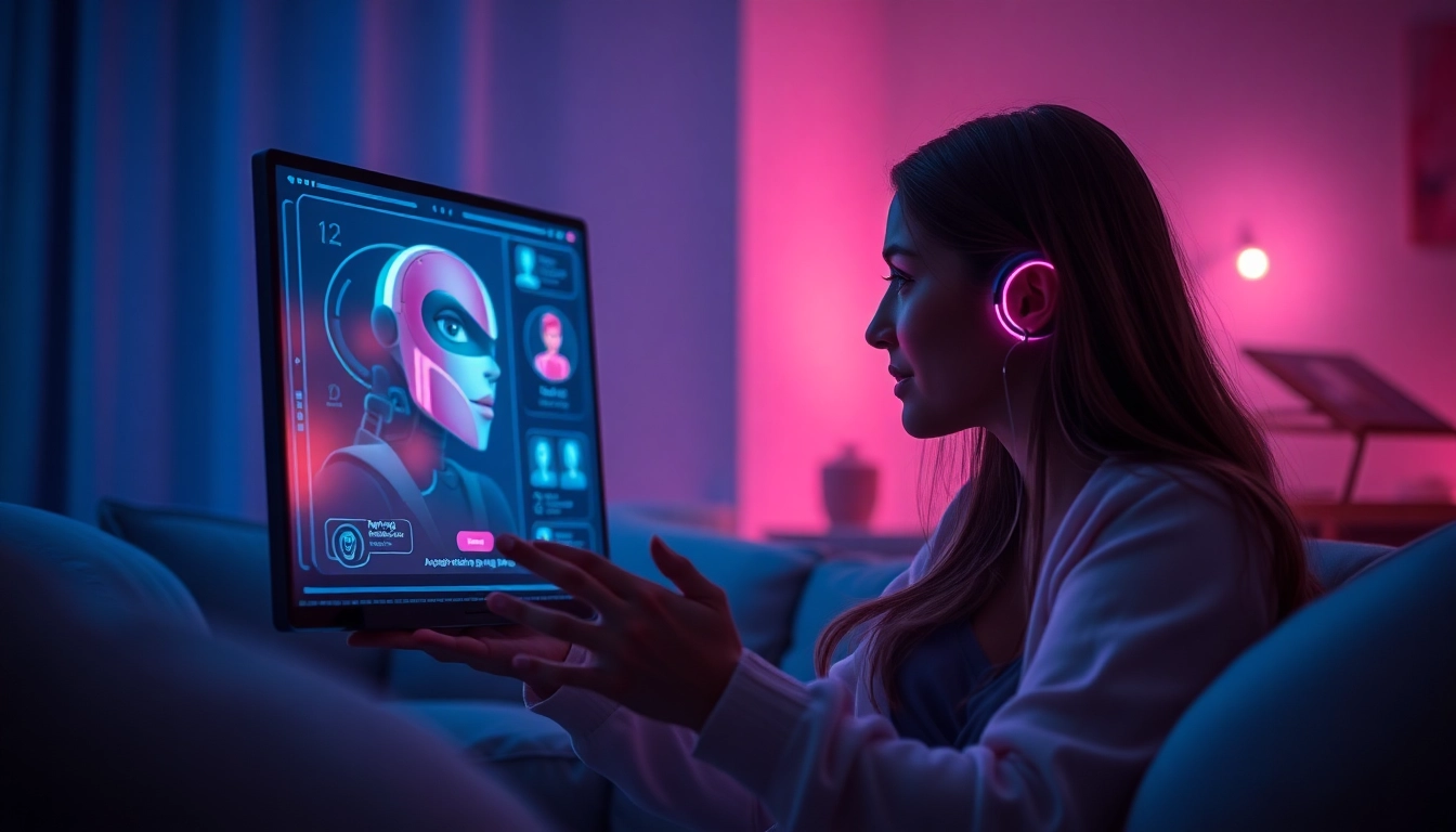 Intimate scene depicting a user engaged in a sex AI chat with digital characters, showcasing modern technology and romance.