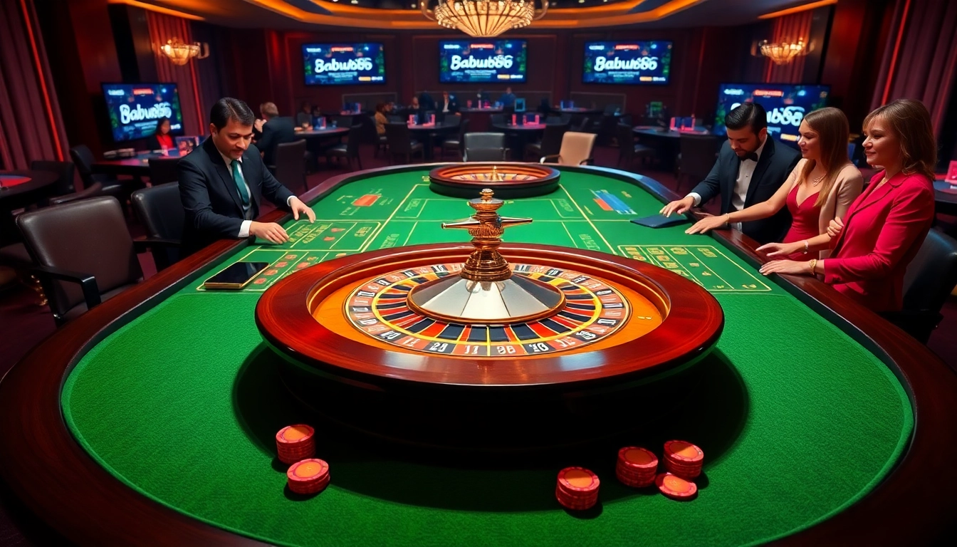 Experience thrill at Babu88.global with an elegant roulette table surrounded by excited players.