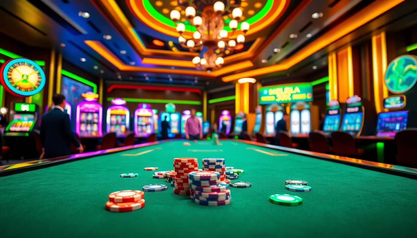 Khela88 bet - engaging online casino scene with dealers, poker chips, and vibrant slot machines.