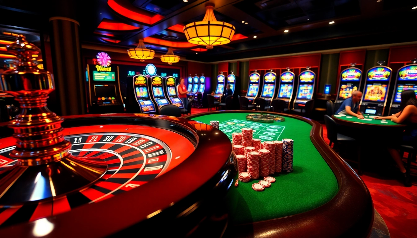 Engaging scene of jeetbuzz ক্যাসিনো featuring players at roulette and poker tables.