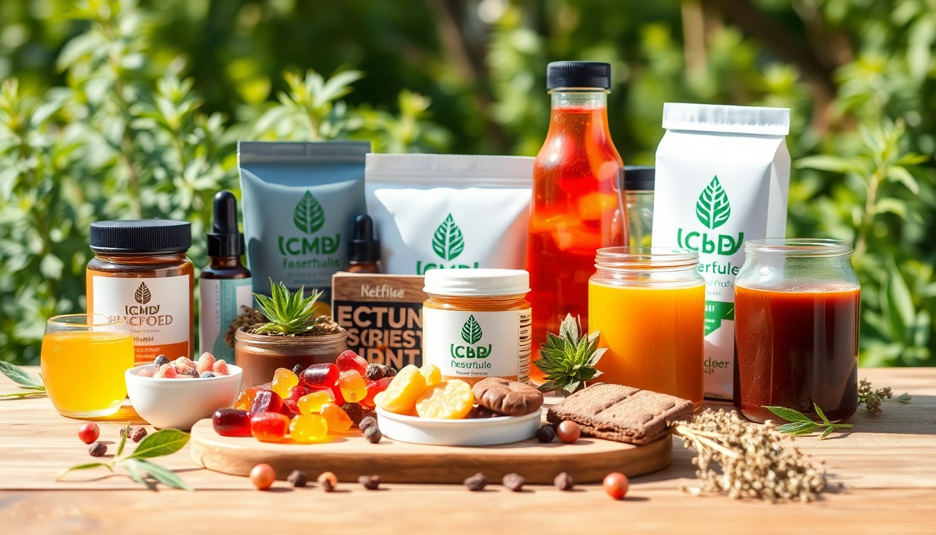 Showcase vibrant wholesale CBD edibles like gummies and chocolates on a wooden table, emphasizing natural ingredients.