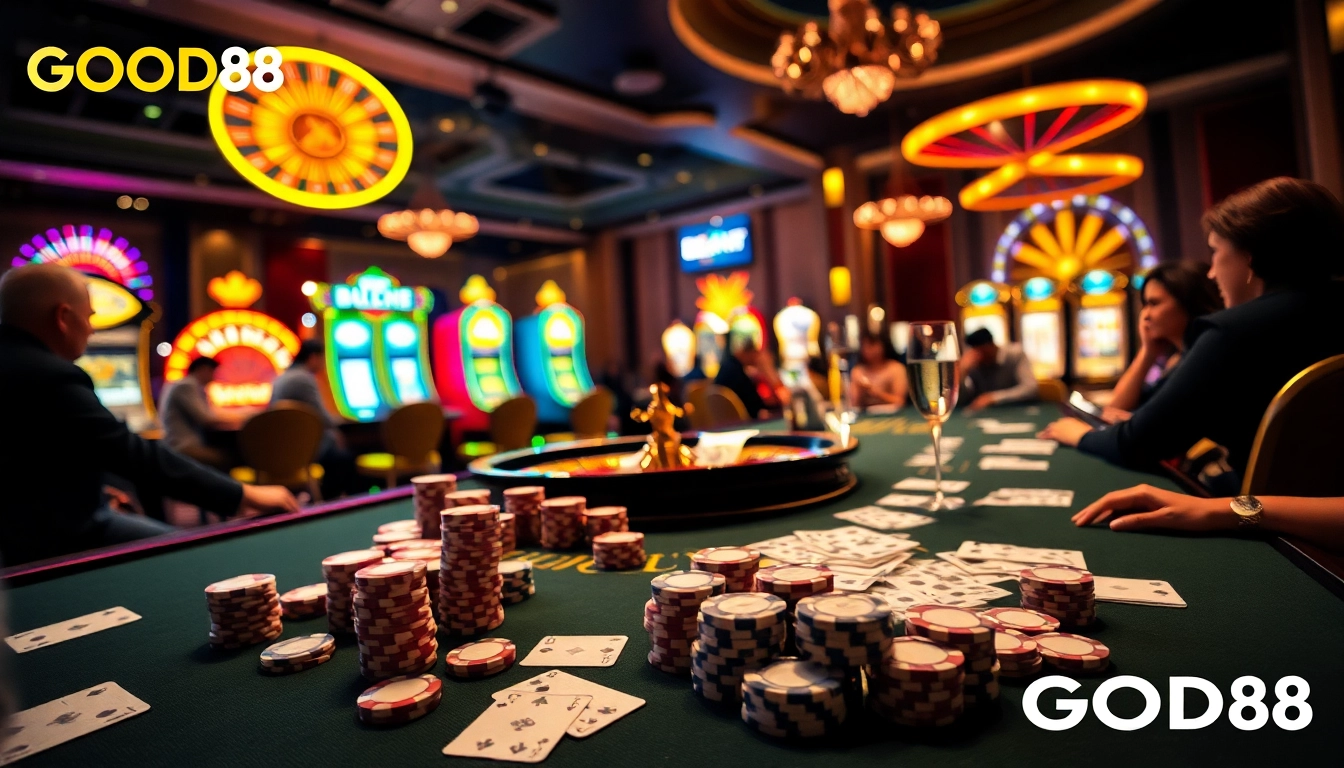Players enjoying a thrilling game at GOOD88 casino with vibrant poker chips and cards.