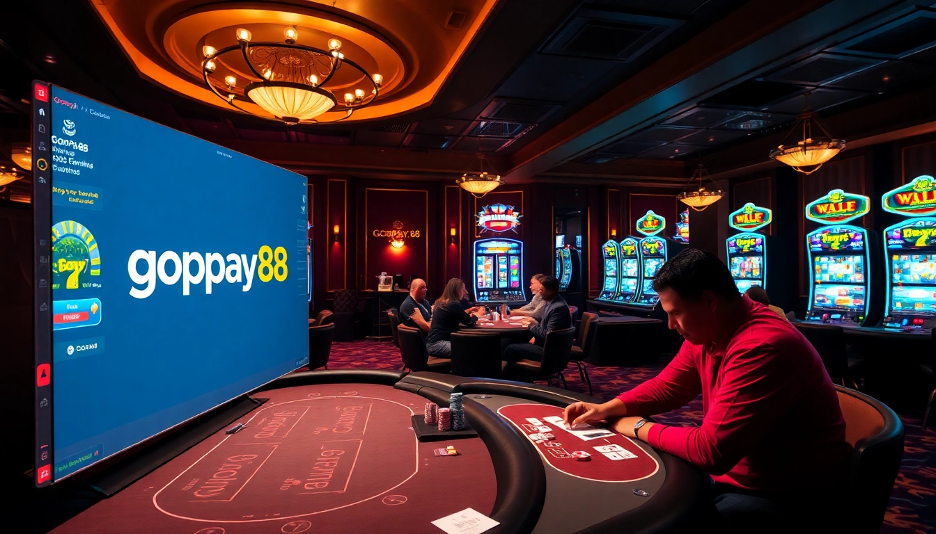 Exciting online gambling experience at Gopay88 with vibrant slot machines and players at poker tables.