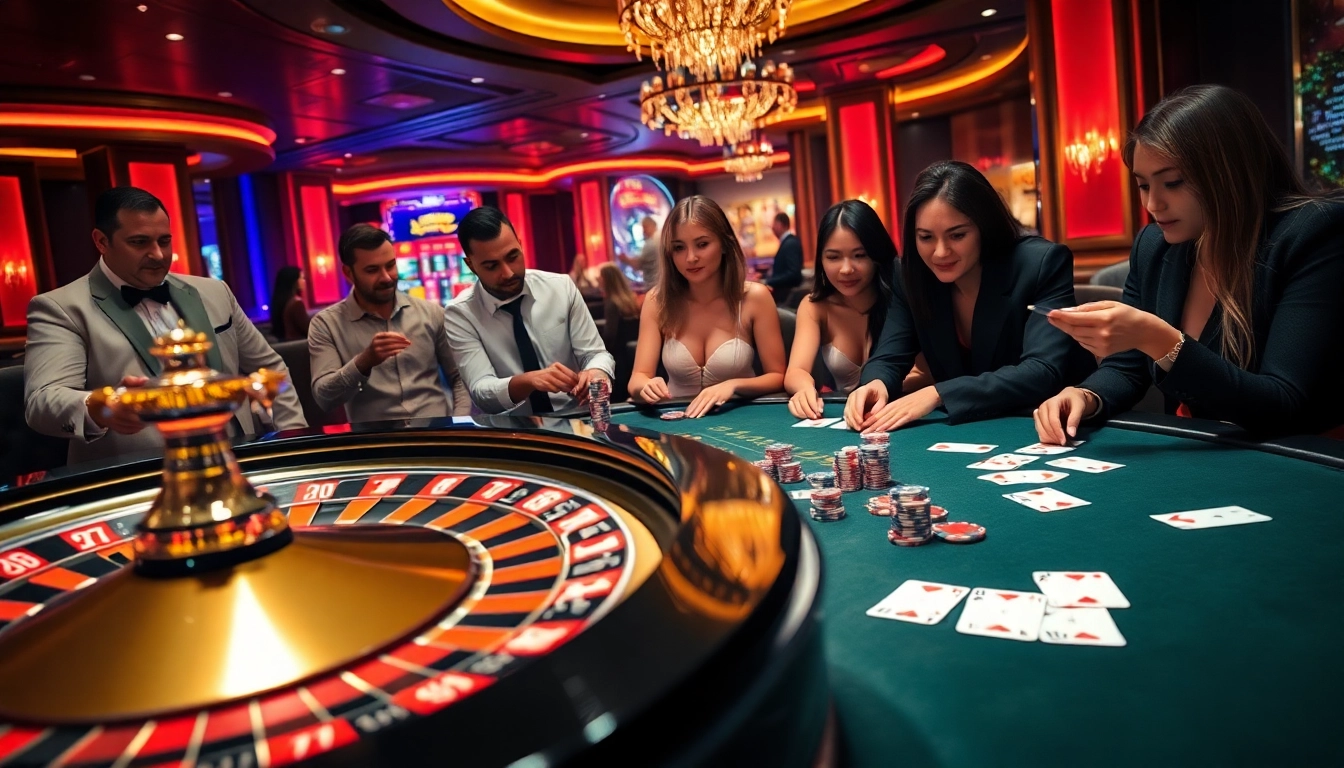 Experience thrilling gameplay at topclub with a bustling casino atmosphere featuring roulette and poker tables.
