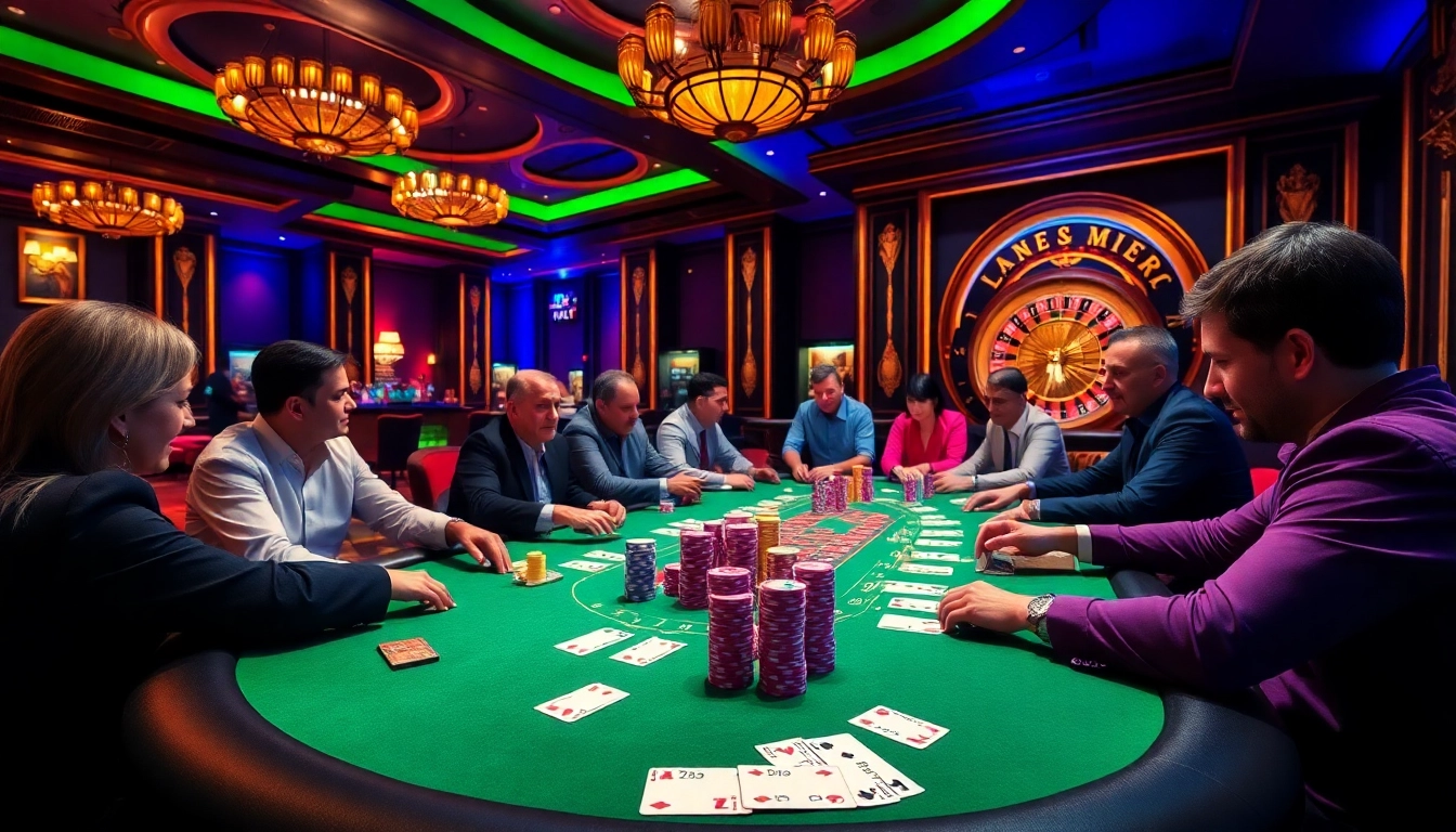 Jogoluck table with players strategizing at a vibrant Texas Hold'em poker game.