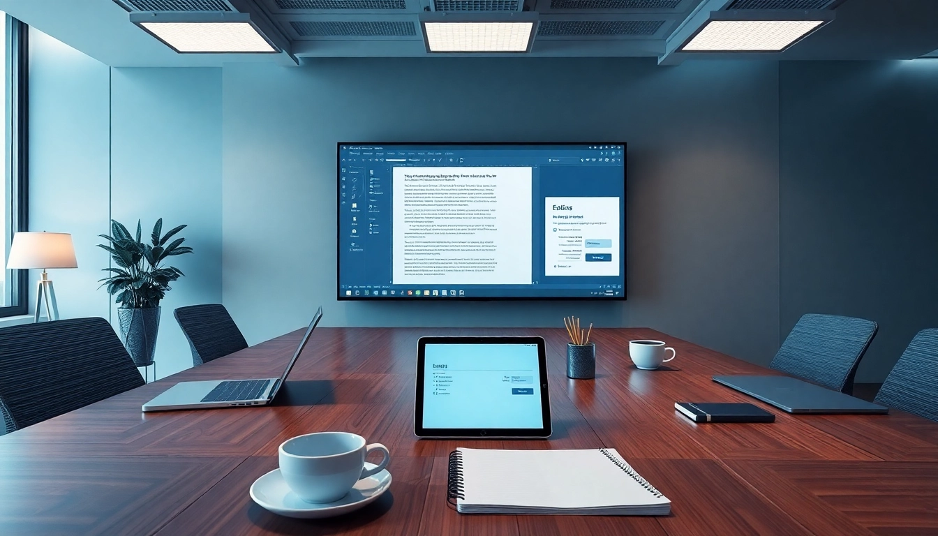 专业现代办公室工作区，展示 WPS官网 协作功能，配有笔记本电脑与数字屏幕。