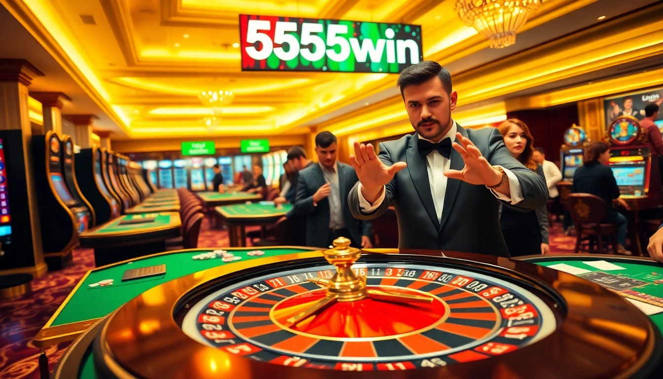 Exciting scene of players engaging at a 555win casino table with vibrant slot machines.