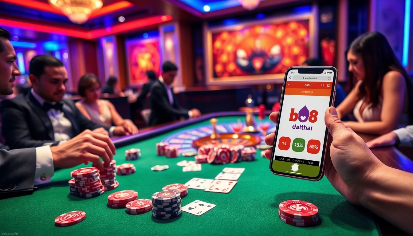 Engaging players at a vibrant bk8thai casino table with cards and chips.