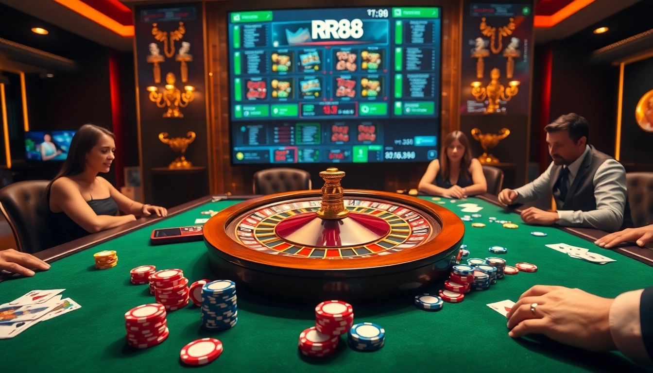 RR88 players engaging in high-stakes poker among vibrant casino elements, showcasing excitement.