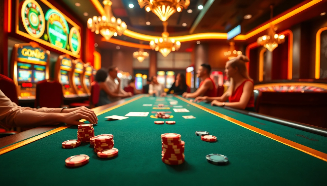 God55 casino players enjoying a thrilling poker game with vibrant slot machines and roulette in the background.