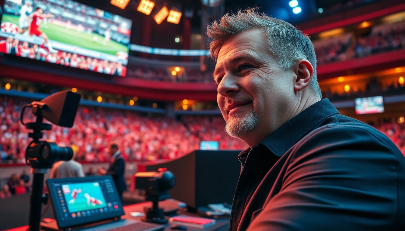 Engaging Sports Broadcasting scene with a professional broadcaster in a vibrant studio.